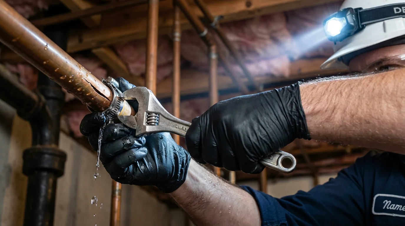 Emergency pipe clamp repair being performed by a Johns Plumbing LLC plumber in Fort Lauderdale