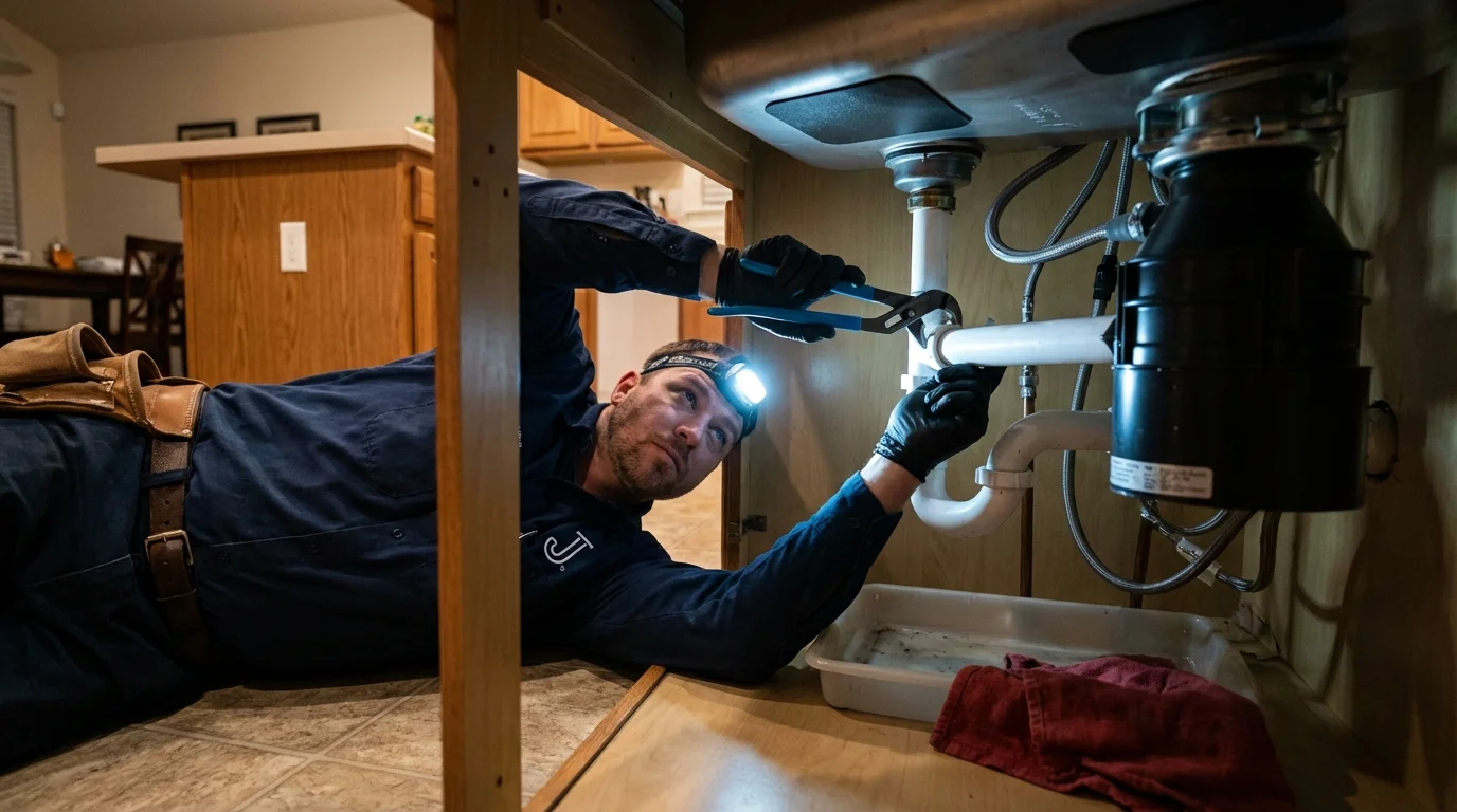 P-trap and supply line connections under a kitchen sink showing a common leak point in Fort Lauderdale, FL